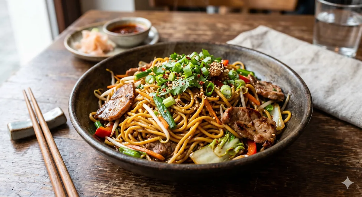 Gebratene Nudeln aus dem Wok mit Schweinefleisch
